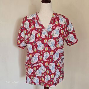 Peppermint Scrub Top Snowman Snowmen Shirt Red White Christmas Winter Medium‎